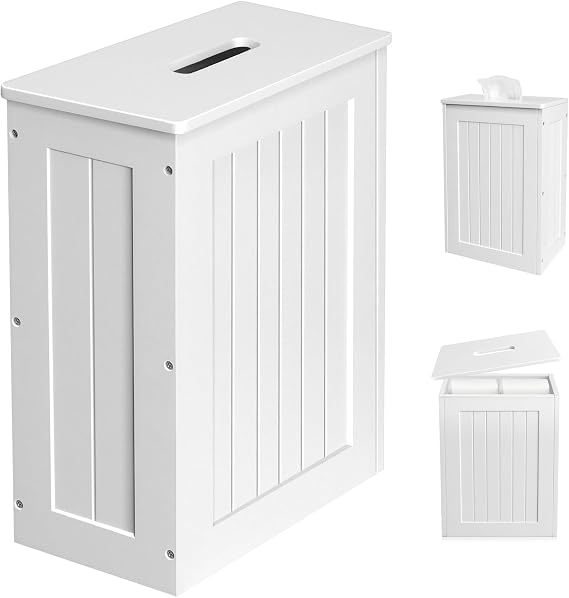 Wooden Bathroom Storage Unit Compact Slimline Toilet Roll Cabinet with Lid