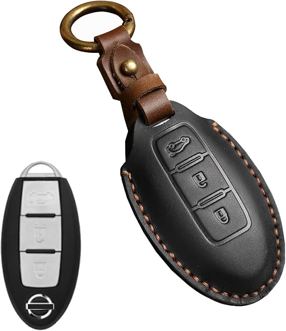 Key Fob Cover for Nissan Qashqai Juke X-Trail Micra Murano J10J11 X-Trail t31 t32 Infiniti Car Accessories with Keychains 3 Button Leather Key Case-Black