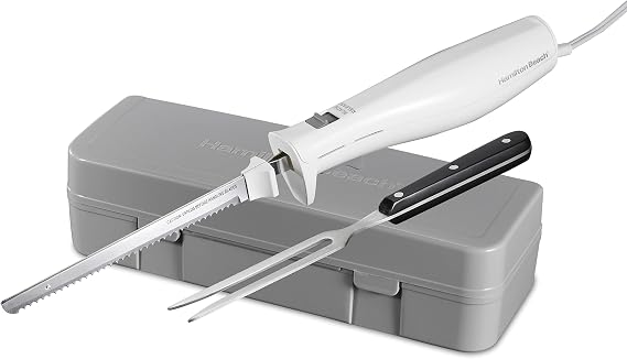 Hamilton Beach Electric Knife Set for Carving Meats, Poultry, Bread, Crafting Foam & More, Reciprocating Serrated Stainless Steel Blades, Ergonomic Design Storage Case + Fork Included, 5 Foot Cord