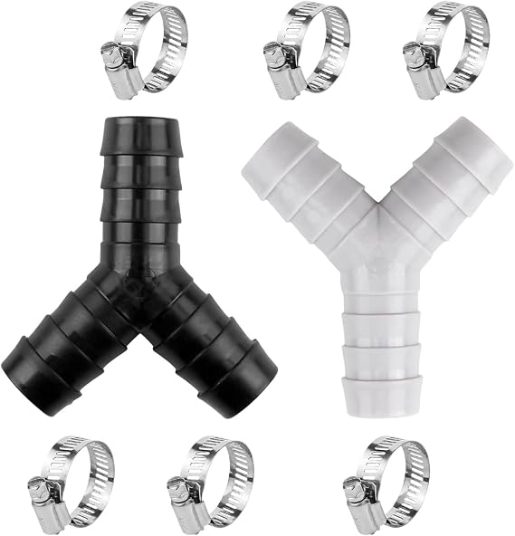 2 Pack Y Splitter for Waste Pipes, 16mm Universal Drain Hose Connector with 6 Hose Clamps, Leak-Proof Dual Connection for Washing Machine, Dishwasher & Kitchen Plumbing, Black & Grey