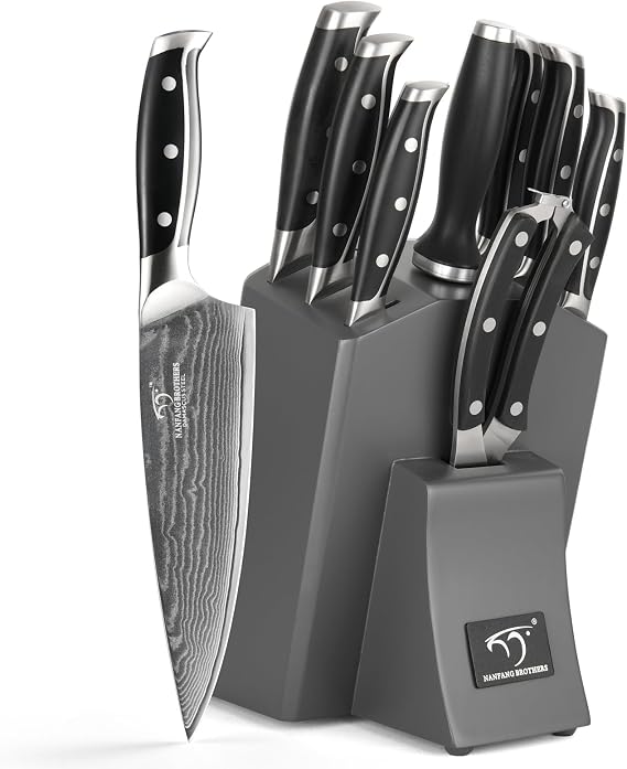 NANFANG BROTHERS Professional Damascus Knife Block Set of 9 Chef's Knife Set Stainless Steel with Wooden Block Block Sets Grey