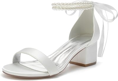 Womens Pearl Wedding Shoes for Bride - Low Block Heels Satin Bridal Prom Party Shoes 702-27