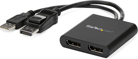 DisplayPort to 2x DisplayPort Multi-Monitor Splitter 2-Port MST Hub DP 1.2 MSTDP122DP | 拡張／複製モード、1080p 60Hz対応、HBR2／MST対応、25cm USB-Aケーブル内蔵、USBバスパワー駆動、抜け防止コネクター、レイアウトユーティリティ付属