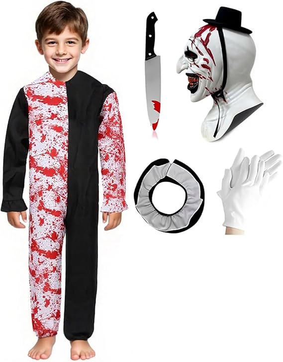 Kuberas Kids Terrifying Costume Clown Costume Mask Killer Clown Halloween Cosplay Outfit for Boys Girls 4-14 Years