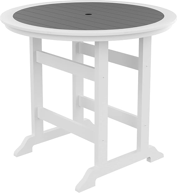 WILLIAMSPACE Patio Bar Table, Height Outdoor Round Bar Table with 1.96" Umbrella Hole, Weather Resistant and Waterproof, Counter Dining Table for Kitchen Outside (White+Grey)