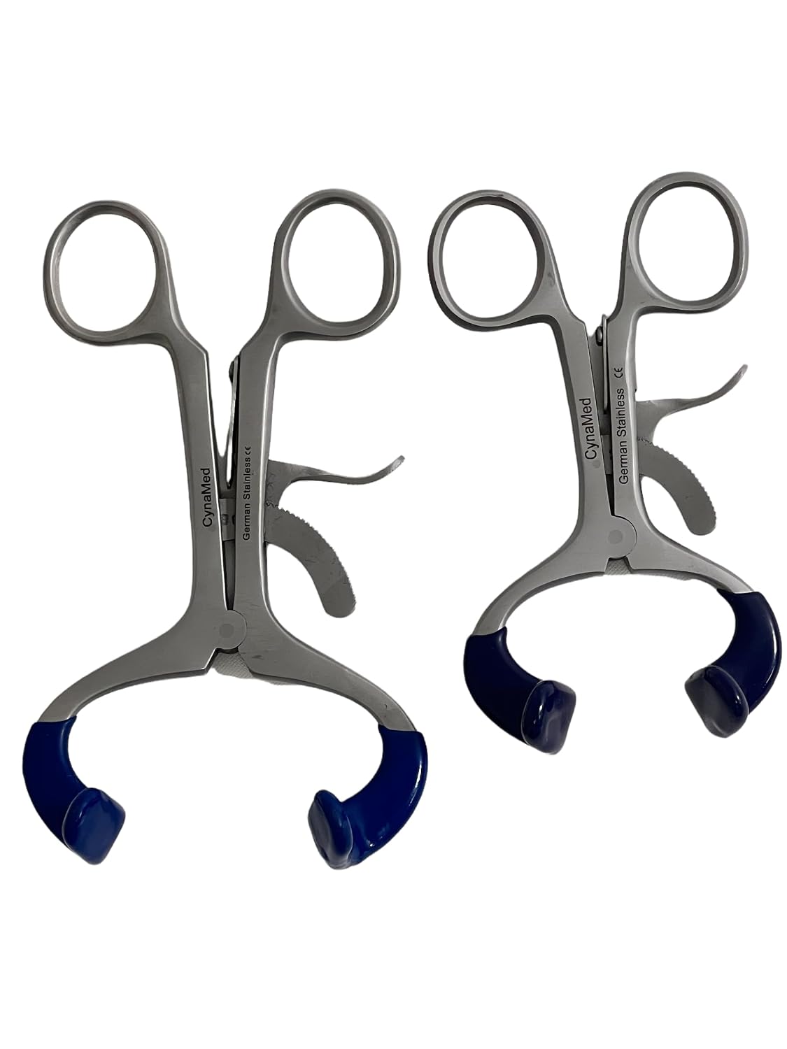 Set of 2 Large/Adult Size Molt Mouth Gag Prop 4.5in & 5.5in with Blue Silicone Cushion Guards & Ratchet Lock - German Stainless Steel Dental Instruments