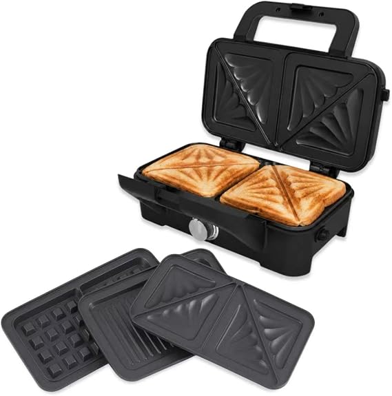 Waffle Maker 3 in 1 with Removable Plates, Sandwich & Toastie Maker with 5 Adjustable Temperature Control, 1200W Fast Cooking for Grill, Safe Knob, Non Stick Coating, Cool Touch Handle