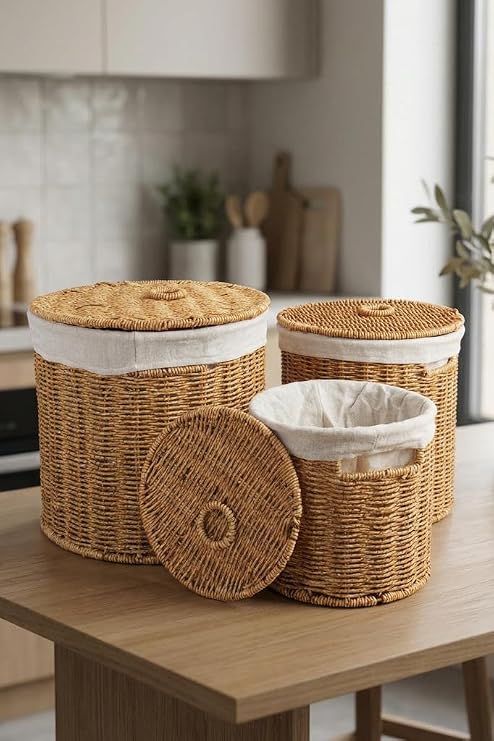 Digithome 3’lü Kapaklı Hasır Patates Soğan Sarımsak Sepeti Sebzelik -9T05 Ş/9