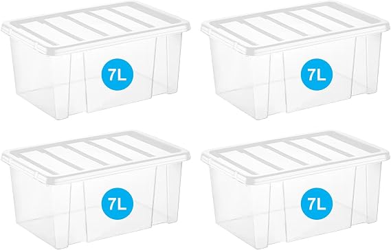 RelianceUK Storage Boxes With Lids (7 Litre / 4 Pack) | Clear Plastic Storage Box With Lids for Clothes Shelves Shoes Crafts | 7L Multipurpose Storage Tubs for Home Office Kitchen