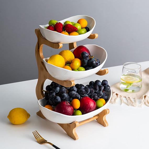 3 Tier Ceramic Fruit Bowl for Kitchen Counter,Kitchen Fruit Bowl Holder Stand Large Capacity Fruit Basket Rack w/Wood Holder,Fruit Tray Produce Holder Organizer for Vegetable Snack Storage,White