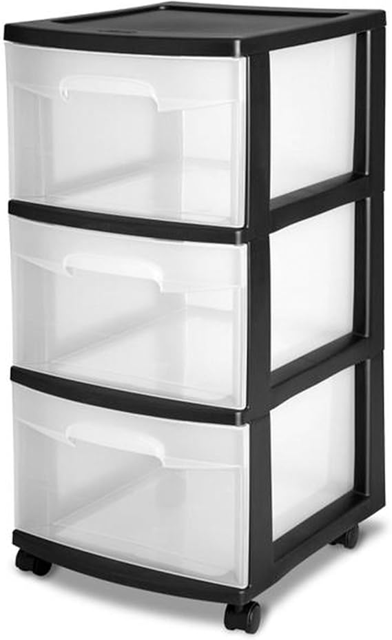 Sterilite 4-Pack 3-Drawer Rolling Plastic Storage Cart, Black Frame and Clear Drawers Home, Office, or Dorm Portable Organizer with Removable Wheels