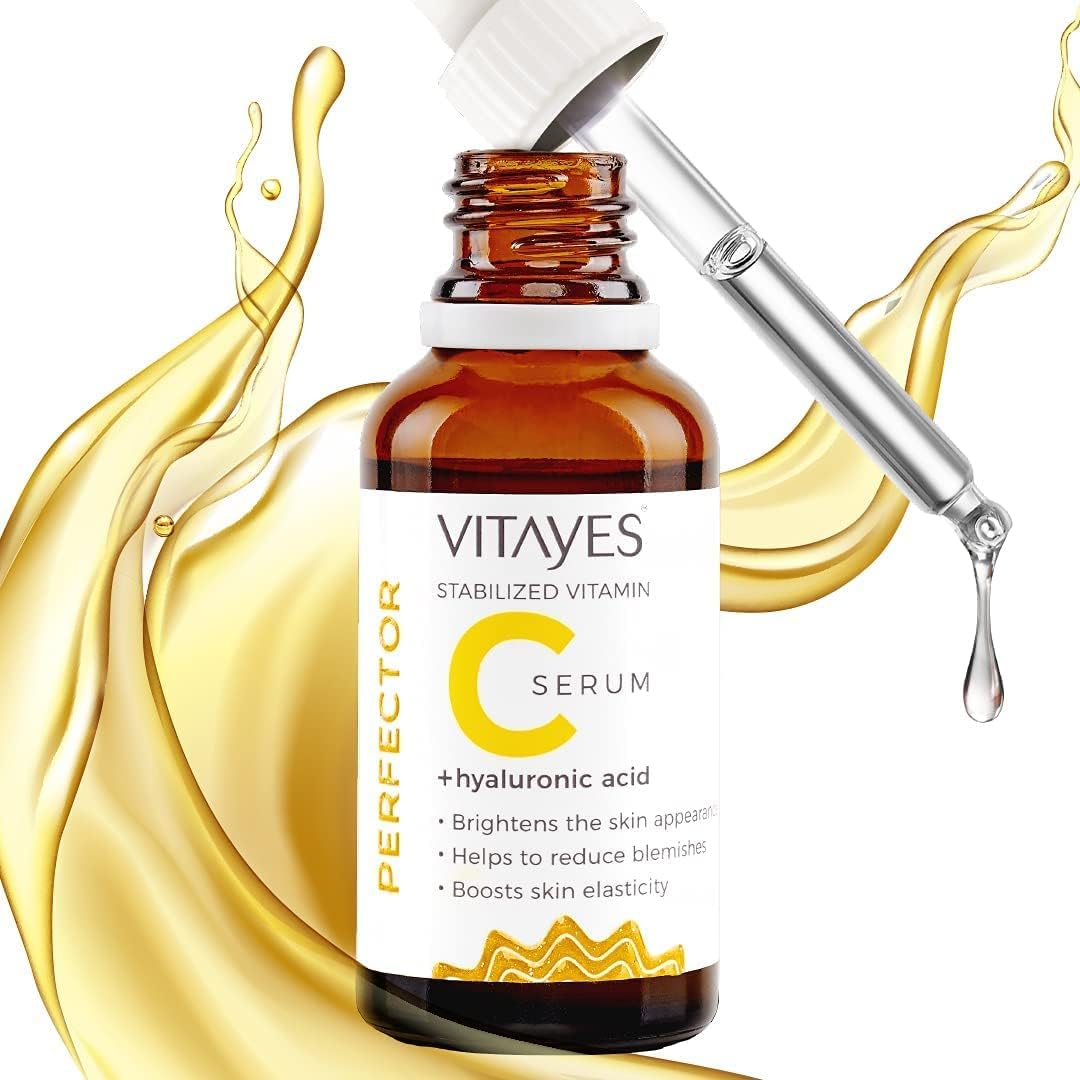 vitayes vitamin c serum with hyaluronic acid highly dosed vegan face care eye area anti-wrinkle  anti-aging anti-pigment spots suitable for derma roller organic care product