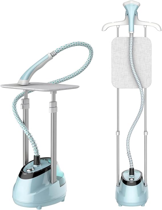 Upright Steamer for Clothes 1800W Turbo Boiler Standing Garment Steamer 1.6L Water Tank 1h Continuous Steam Flat&Hanging Ironing Double Retractable Rod 10 Modes 30s Fast Preheat for all Fabrics