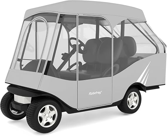 Golf Cart Enclosure, 2+2 Drivable Rain Cover, Short Roof 58" - EZGO, Club Car - Durable Door Zipper - 4 Seater Golf Cart Cover Glowing at Night