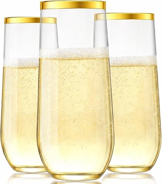 Oojami 24 piece pack 9 oz Champagne Flutes Stemless Disposable cups Unbreakable Crystal Clear Plastic Mimosa Glasses Set of 24 ideal for Wedding Birthday (9 Ounce - Gold Rim)