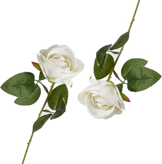 2PCS White Artificial Roses with Stems, single rose,Realistic Silk Flowers for Wedding, Bridal Shower, Home & Garden Decor
