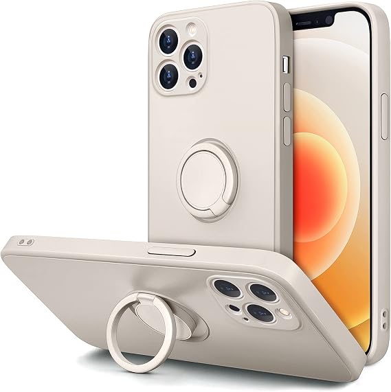 Hython Case for iPhone 12 Pro Max Case with Ring Stand [360 Rotatable Ring Holder Magnetic Kickstand] [Soft Microfiber Lining] Shockproof Rubber Protective Phone Cases Cover for Women, Antique White