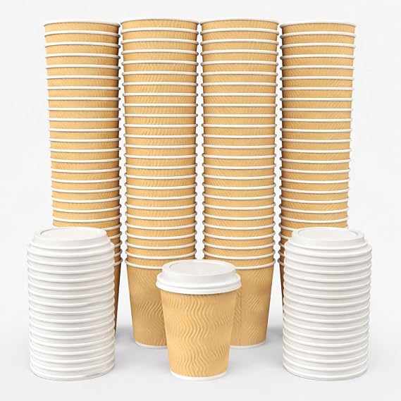 100 X 12oz Ripple Kraft Disposable Coffee Cup with Lids | Takeaway Paper Cups | Triple Wall Insulated Eco - Friendly Cups for Hot/Cold Drinks (Brown)