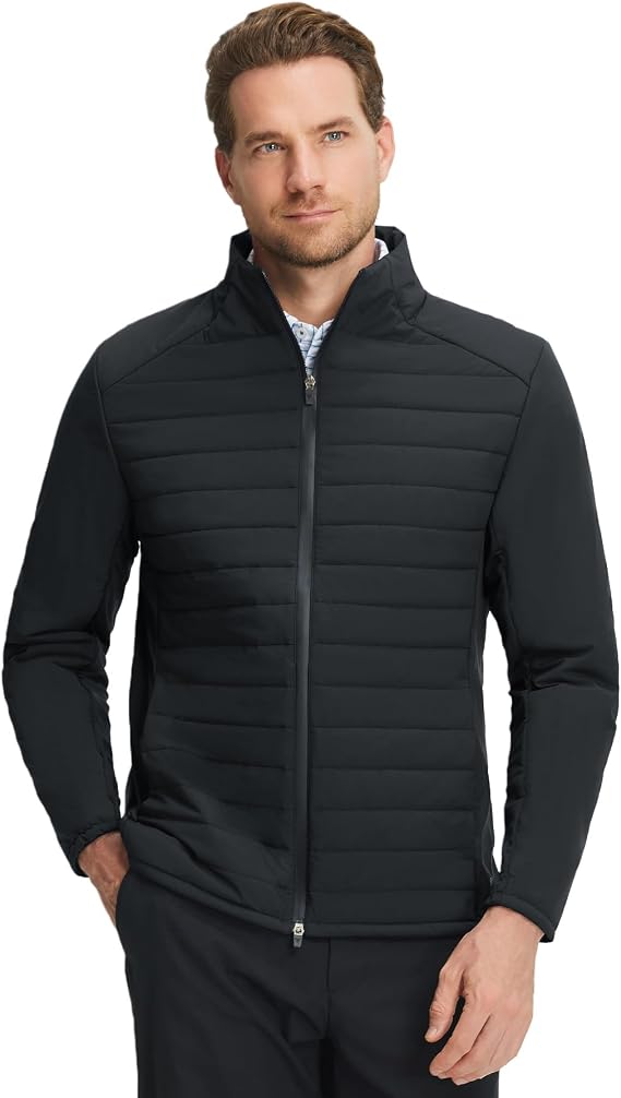 M MAELREG Men's Quilted Puffer Golf Jacket Insulated Winter Outerwear, Stand Collar, Full Zip, 5 Pockets & 4-Way Stretch