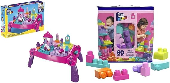 MEGA BLOKS Build 'n Learn Table, Pink Bloks First Builders Big Building Bag