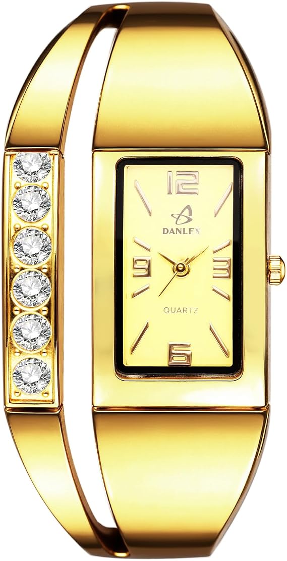 Women's Rectangular Gold Watches: Shiny Full Diamond Square Analogue Quartz Women's Watches with Arabic Numerals Adjustable Bracelet Watches Gifts for Women Gold
