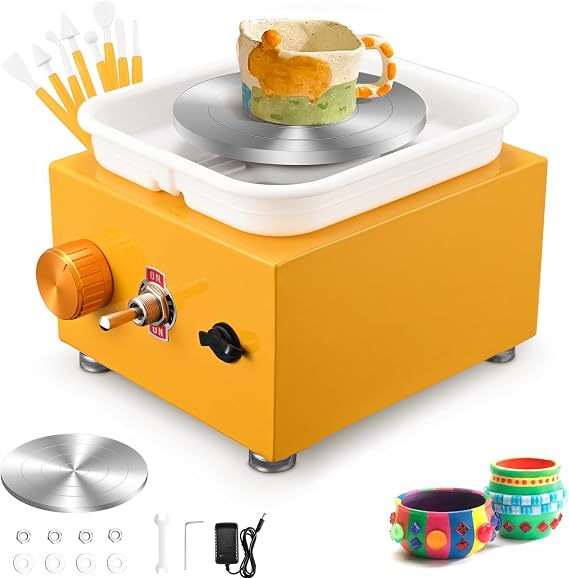 Mini Electric Pottery Wheel, Couleeur 2000RPM & 10/6.5cm Plates Turntable Pottery Machine, Adjustable Speed Pottery Wheel with Shaping Tools for Pottery DIY Shops, Pottery Teaching(Yellow)