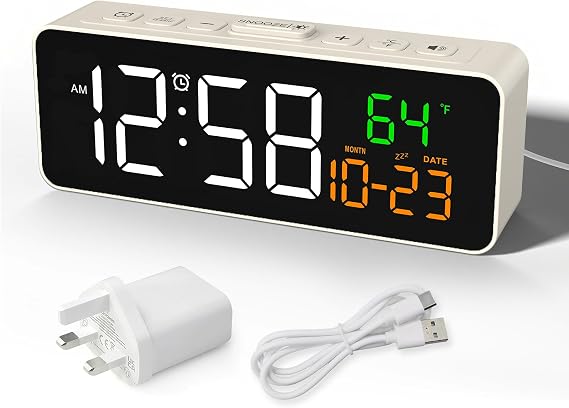 Netzu Digital Alarm Clocks for Living Room, Small Alarm Clock with Temperature, Calendar, 4 Dimmer, 3 Volumes, Loud Digital Clock Mains Powered,
