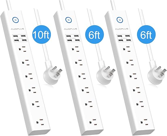 3 Pack, 10FT & 6FT, Surge Protector Power Strip with USB Ports, Extension Cord, 6 Outlets and 4 USB Ports, AUOPLUS Mountable Flat Plug with Overload Protection