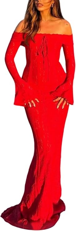LETSVDO Women's Elegant Off Shoulder Lace Maxi Dress Bell Sleeve Bodycon Mesh Mermaid Dress(for Wedding,Evening,Party)