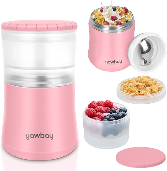 Yogurt Container, Insulated Food Container, 2 In 1 Cereal Cup On The Go,Stainless Steel Insulated Food Jar With Spoon, 28oz Thermal Lunch Pot For Soup Yogurt Salad Breakfast Milk Fruit (pink)