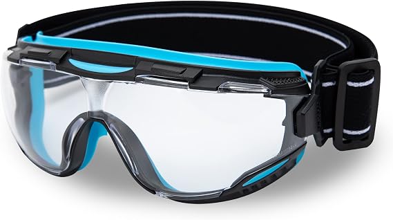 DEX FIT Protective Safety Goggles SG220; Anti Fog & Scratch, Z87 Eye Protection for Lab, Science, and Chemistry Work, Adjustable for Women and Men, (Black & Blue Frame, Clear Lens, 19cm Strap)