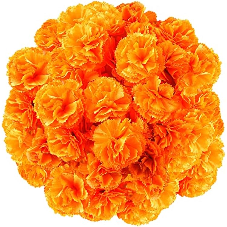 Artificial Marigold Flower, 50Pcs Mexican Orange Marigold Flowers Heads for DIY Garland Diwali Day of The Dead Halloween Wedding Party Home Decorations