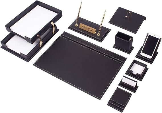 Leather Desk Set- Desk Office Accessories-Office Organizer- Home Office Accessories - Desk Supplies - Desk Storage Organizer -Desk Pad-Storage-13 Pieces -13 PCS (BLACK-WHITESEAM)