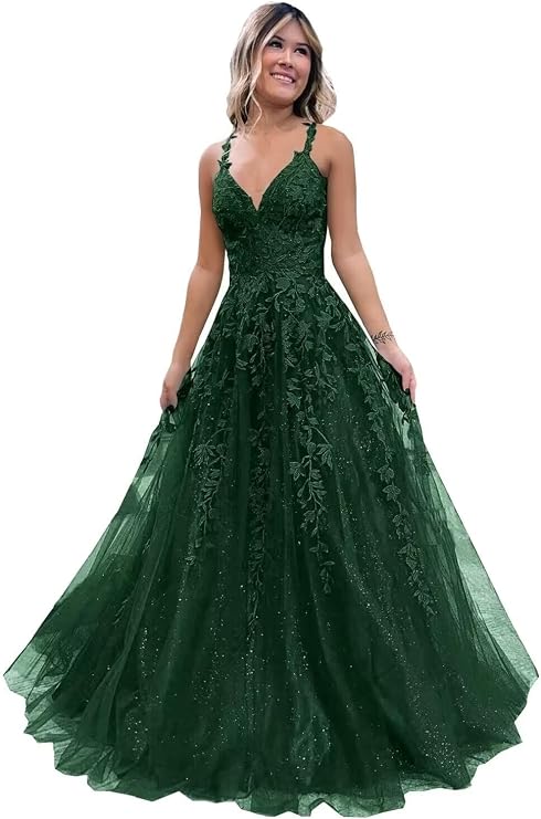 Sparkly Tulle Prom Dresses Lace Appliques Long Ball Gowns Spaghetti Straps Formal Evening Party Gowns