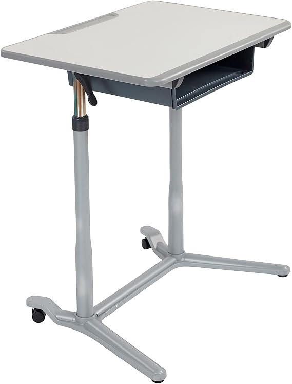 ECR4Kids 3S Mobile Adjustable Student Desk, Sit-Stand with Storage, Grey