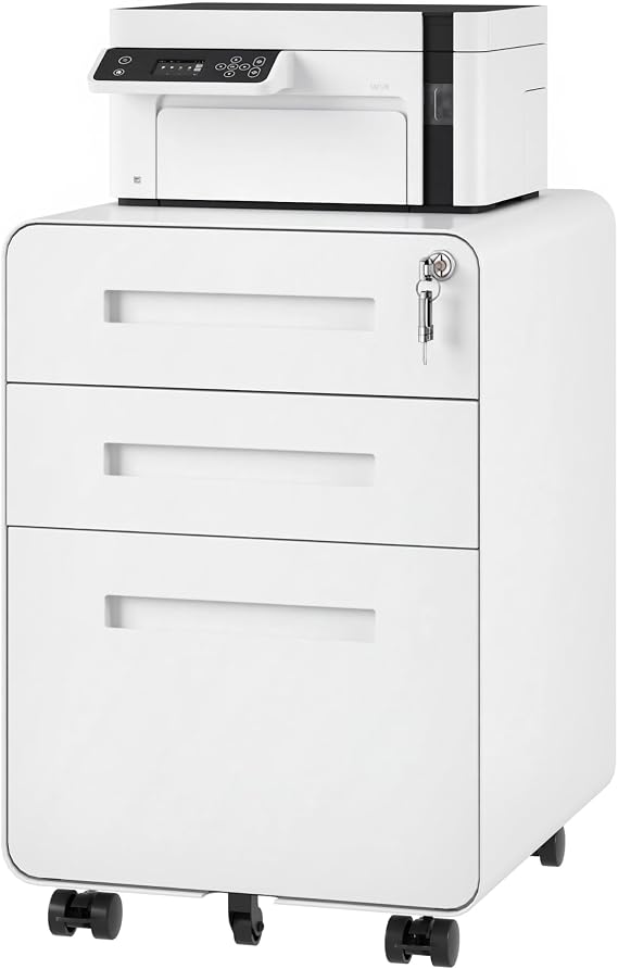 FLEXISPOT Mobile File Cabinet for Home Office 3 Drawer File Cabinet Under Desk Storage Filing Cabinet for Legal/Letter/A4 File,Round Corner Design,White