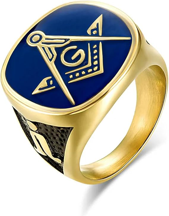 Vintage Blue Gold Color Masonic Men's Ring Titanium Steel Retro Punk Ring Hip Hop Brotherhood Ring mason Male Jewelry
