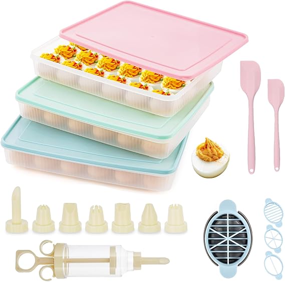 3 Pack Deviled Egg Container with Piping Tool, Deviled Egg Tray with Lid | Plastic Clear Holder for Fridge Countertop Portable for Party Picnic Events Serving (Pink Blue Green)