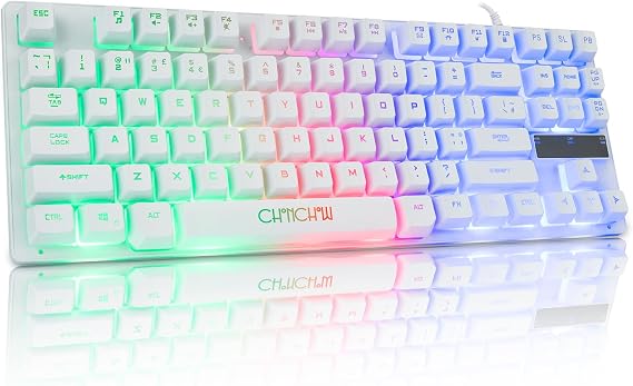 CHONCHOW RGB Compact TKL Gaming Keyboard, USB Wired 87 Key LED Rainbow Backlit Keyboard for Laptop, Ps4, PC, Computer, Game and Work (Wired-White, 87key)