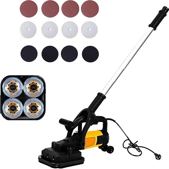 4-Head Electric Concrete Surface Grinder, 3800W Concrete Floor Grinding Machine with 3 Types of Grinding Discs, 6 Speeds Adjustment, Concrete Surface Planer for Stone(Extension rod)