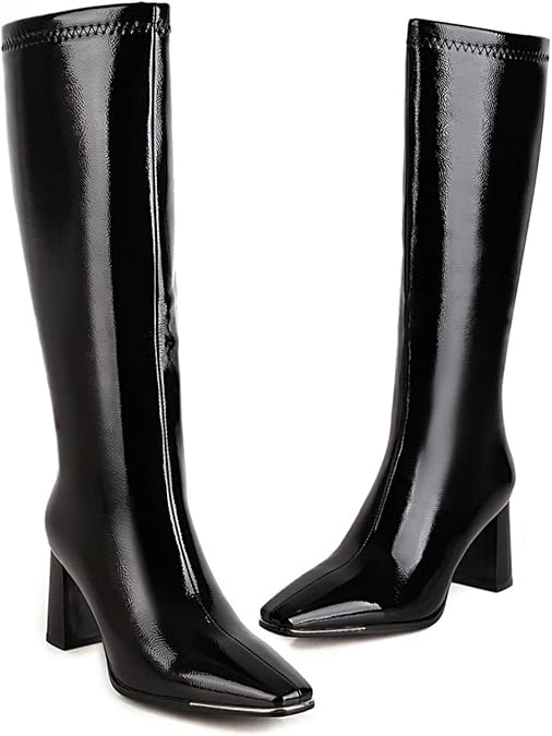 UniqueStride Womens Chunky Knee High Block Heel Boots Patent Leather Square Toe Zipper Knee High Boots