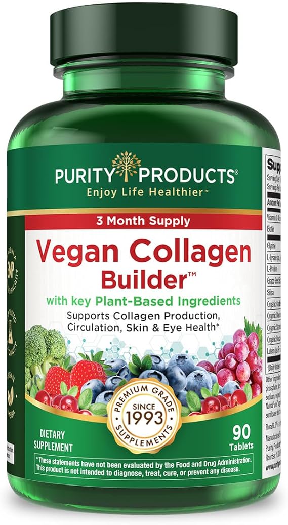 Purity Products Vegan Collagen Builder - Organic Whole Foods Fruits | & Veg, Silica, Lutein, Vitamin C, Biotin, Grape Seed - Amino Acids Glycine, Lysine & Proline Collagen Boosters - 90 Tablets