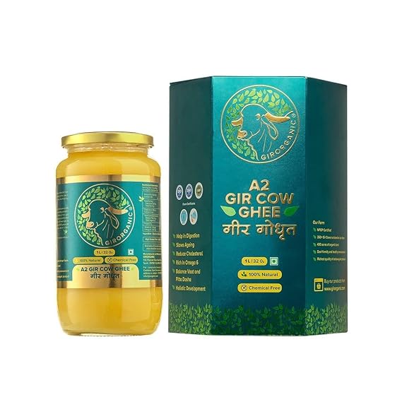 Gir Organic A2 Gir Cow Ghee 32 Oz | Grass Fed | Vedic Bilona Method | 100% Pure Clarified Butter | USDA Organic | Lactose-Free | Keto & Paleo Friendly | Non-GMO | For Cooking & Ayurveda, 32 Oz