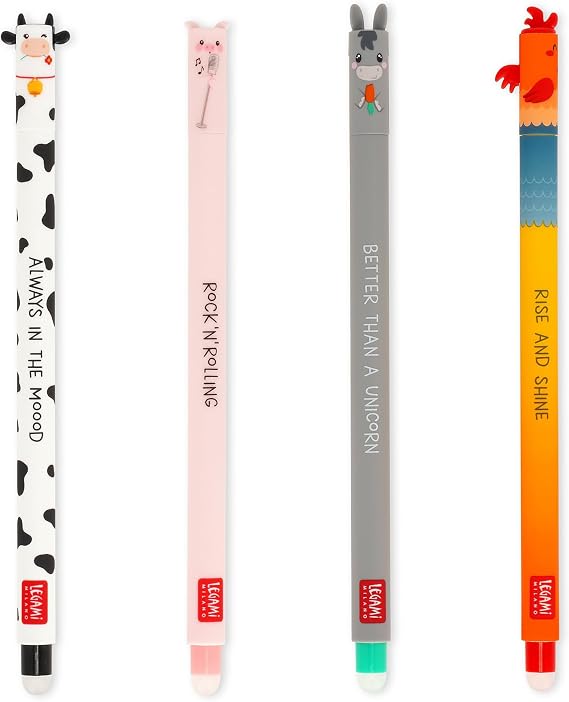 Legami - 4'lü Set Jel Silgi Çiftliği Sweet Farm Kalemler, Isıya Hassas, Silinebilir Mürekkep, Siyah, Pembe, Yeşil, Kırmızı, Yaprak Kullanmadan Silinebilir, 0,7 mm Uç