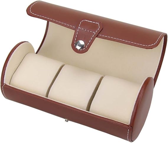PU Leather Roll Travel Watch Box Holder Organiser Storage Case 3 Grid for Watches or Bracelets, Brown