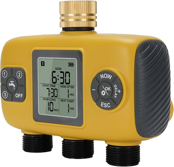 3 Outlet Sprinkler Timer, Programmable Hose Timer, Brass Inlet Watering Controller with Rain Delay & Child Lock, Ideal for Yard Lawn Garden