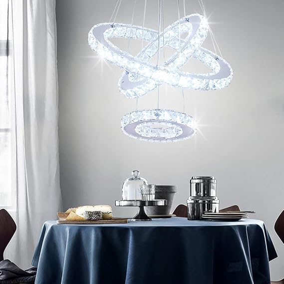 3-Ring LED Crystal Chandelier Adjustable Height Cool White [Energy Class F]