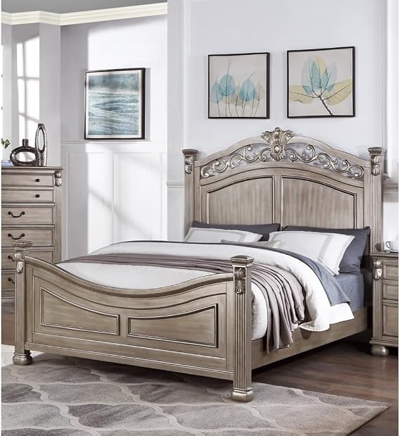 Antique Silver Queen Size Bed with Unique Headboard and Footboard - Traditional Formal Bedframe - 1pc Set