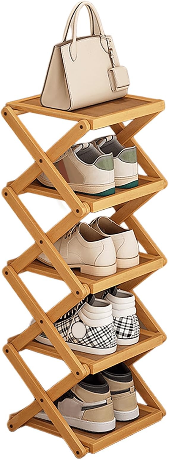 5 Tier Foldable Bamboo Shoe Rack, Space Saving Shoe Storage Organizer