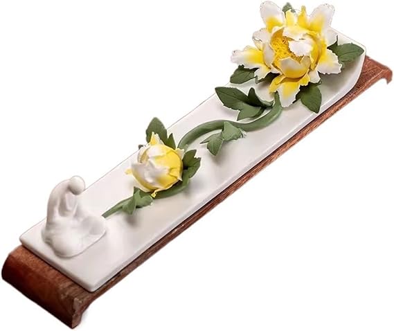Classic Exquisite Ceramic Flower Shaped Incense Burner Indoor Zen Line Incense Tray Wooden Chassis Decor(C)